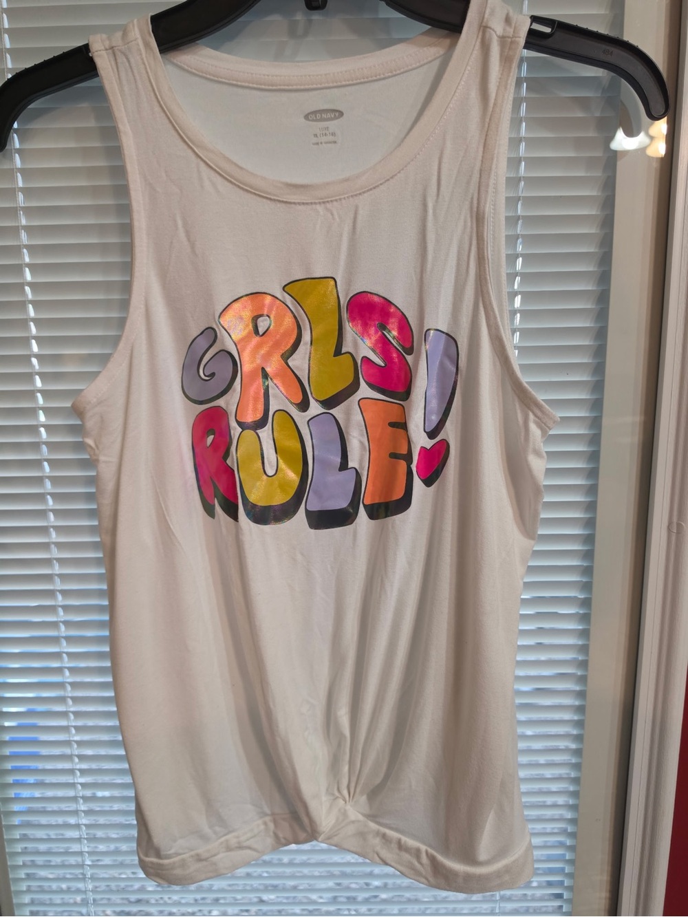 Old Navy White Twist Tied Tank Top with Multicolor 'Girls Rule' Graphic